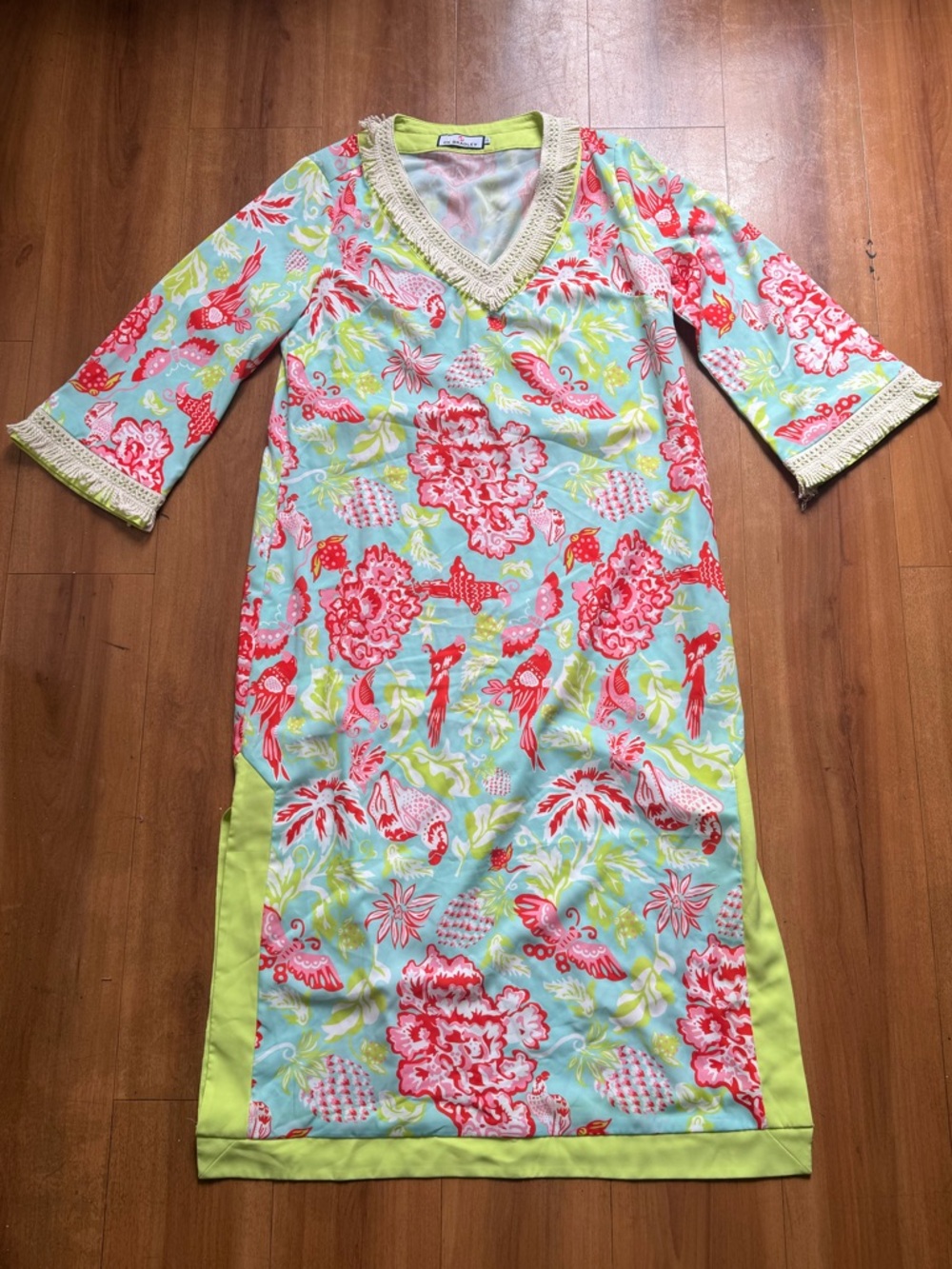 CK bradley peppin caftan xl coral birds flowers green trim white fringe midi